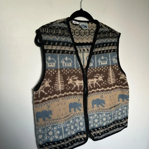 Vintage Vest Wool Neutral Evidence Pattern Brown and Blue Warm and Cozy Vest - Picture 3 of 13